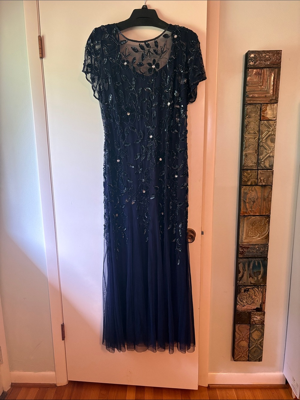 Adrianna Papell Navy Beaded Floral Maxi Dress with Sheer Yoke-20W